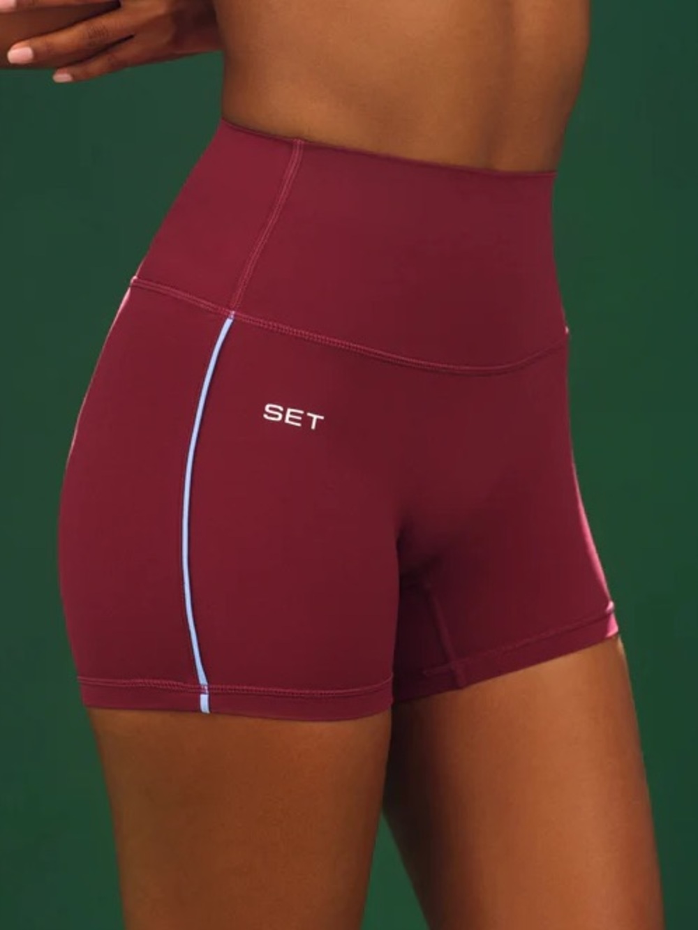 SET Active Burgundy High-Waist Bike Shorts with Light Blue Piping- Coaster